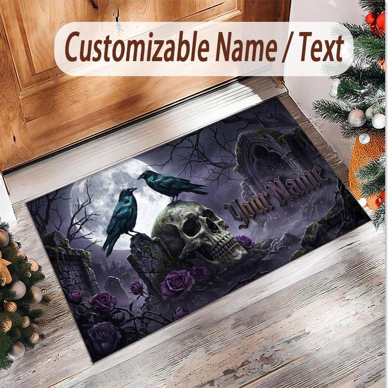 Skull Gothic Theme Soft Crystal Velvet Rug Custom Name & Text Print Non Slip Floor Rug for Bedroom Living Room