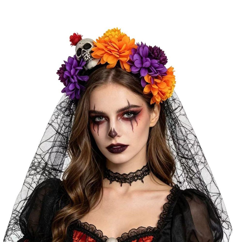 Floral Halloween Skull Hair Hoop Artificial Flower Festive Costume Headwear Cosplay Events