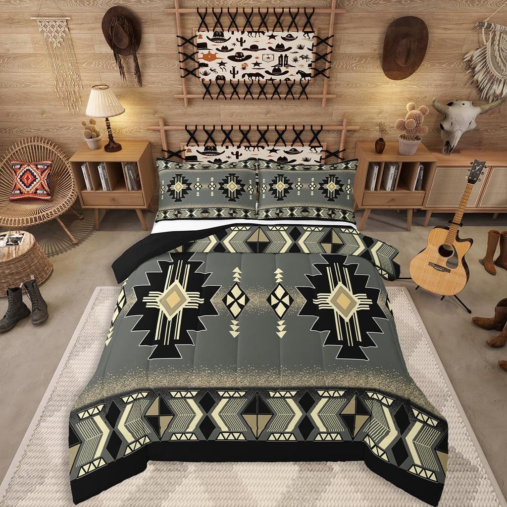 Erosebridal Western Aztec Comforter Set King Size, Boho Farmhouse Bedding Set for Kids Boys Teens Ethnic Southwest Bull Skull Cow Quilt Amer