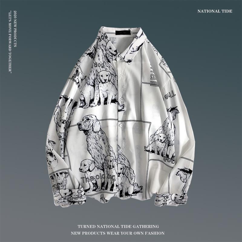 Men's Spring Retro Floral Long Sleeve Shirt - Korean Style, Trendy, Versatile, Loose Fit, Hong Kong Couple Style Top.