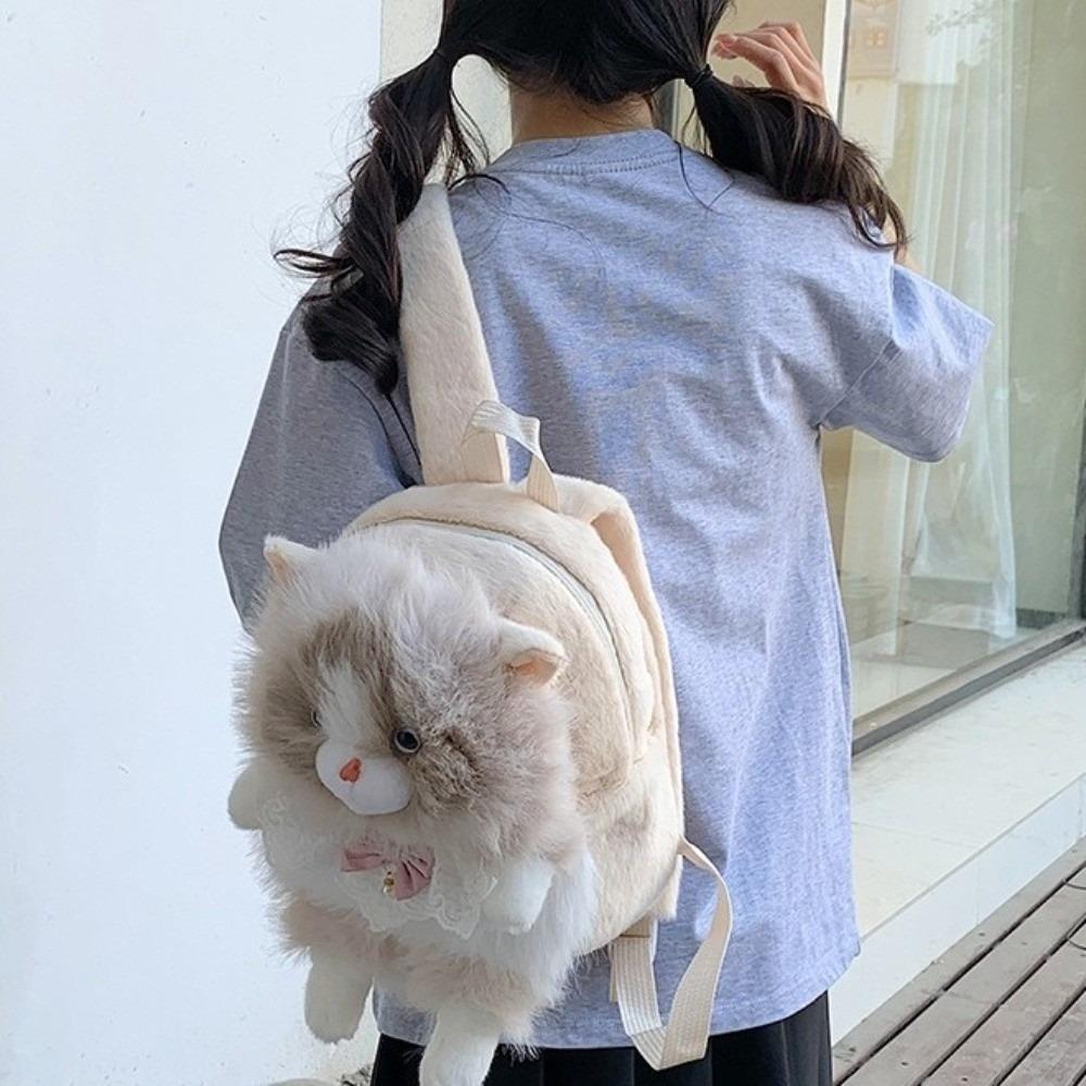 Large Capacity Cat Backpack Soft Fluffy Shoulder Bag Cartoon Plush Rucksack  For Women