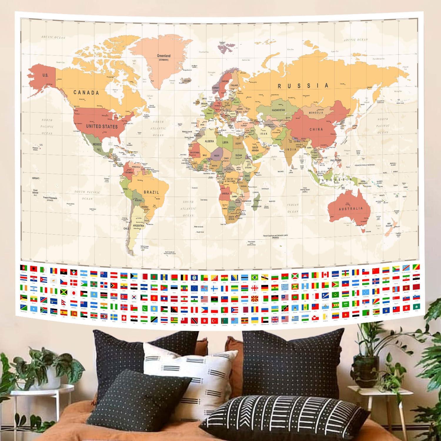 Antique tapestry with a world map and national flag 75x100
