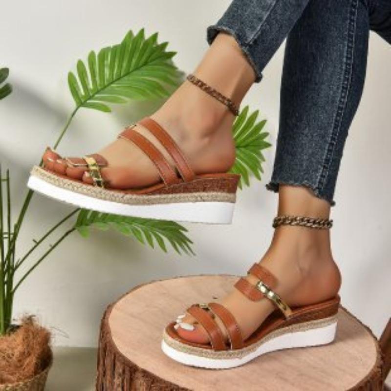 Cross-border large-size wedge sandals women's  summer new thick-soled muffin bottom one-word women's slippers manufacturers wholesale