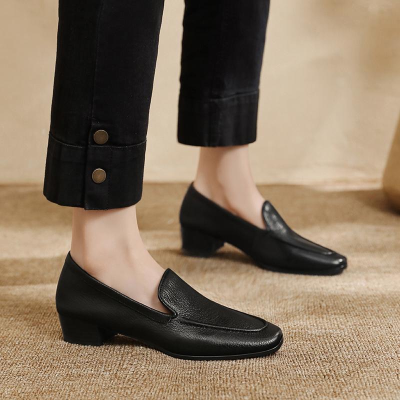 Fashion 2025 Hot Sale Slip-on Genuine Leather Women Shoes Pumps Square Toe Med Thick Heels Soft Upper Pumps Office Ladies Dress Shoes