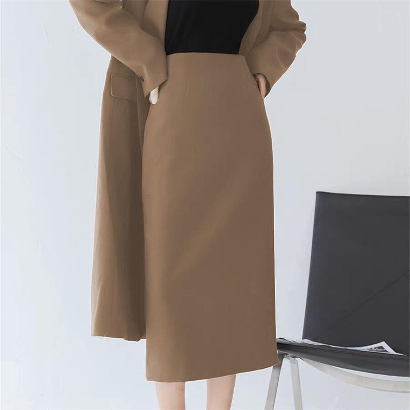 Women's Mid-Length Coffee-Colored A-Line High-Waisted Slit Skirt