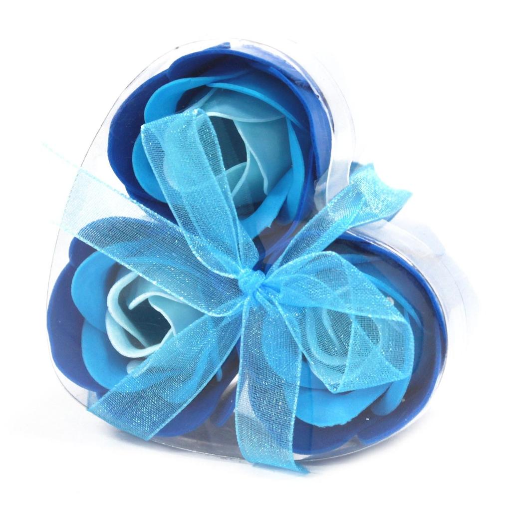 6x Soap Roses Heart Box Blue Set of 3