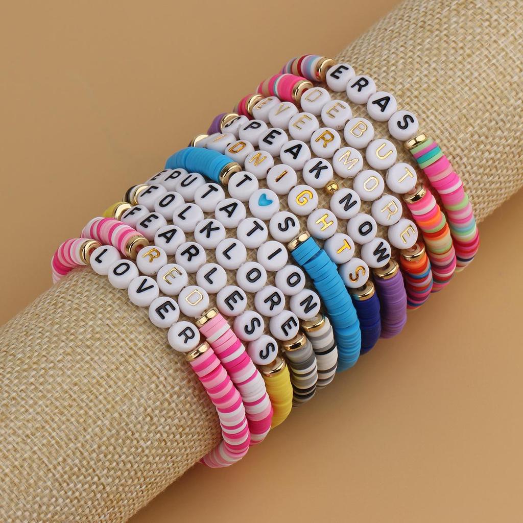 Taylor Swift Friendship Bracelet: Pink Letters Inspired by Lover, Fearless, Anti-Hero, 1989, and Reputation.