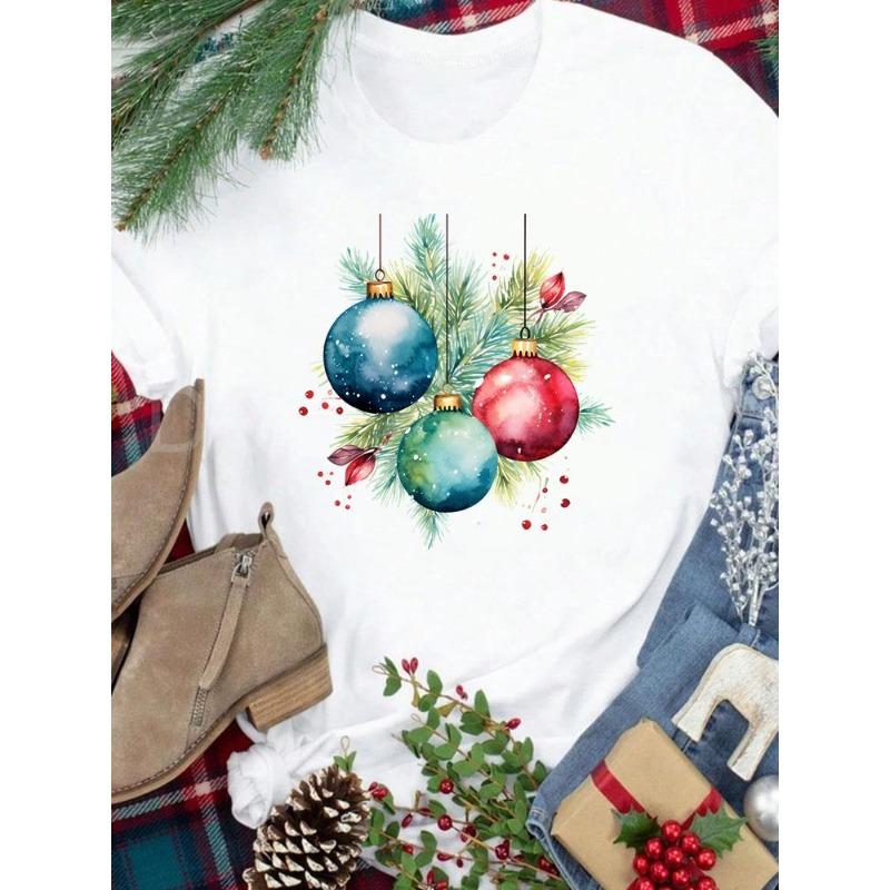 (European Size) New Year Holiday Lovely Trend 90s Tee Merry Christmas Top Festival Casual Women Print Lady Short Sleeve Fashion Graphic T-shirts