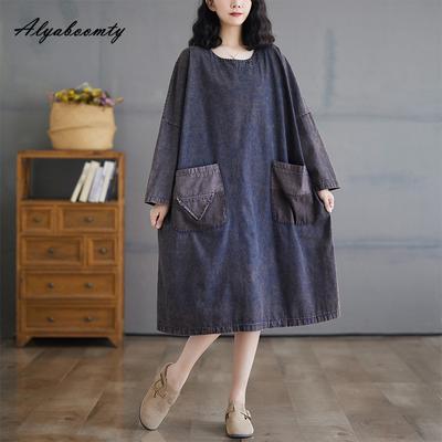 Korean Style Plus Size Women Denim Dress O Neck Casual Loose Washed Cotton Baggy Dress Vintage Long Sleeve Oversized Dress With Pockets