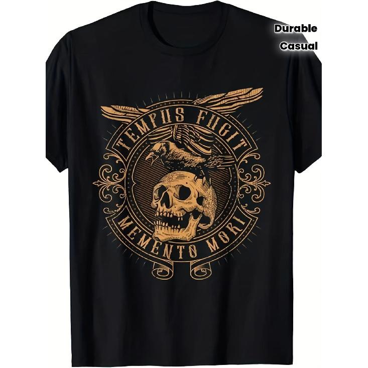 T-shirt Homme Style Gothique Vintage Phrase Latine- Tempus Fugit Memento Mori Crâne avec Ailes Graphique- Impression Dorée- Style Heavy Metal Décontracté