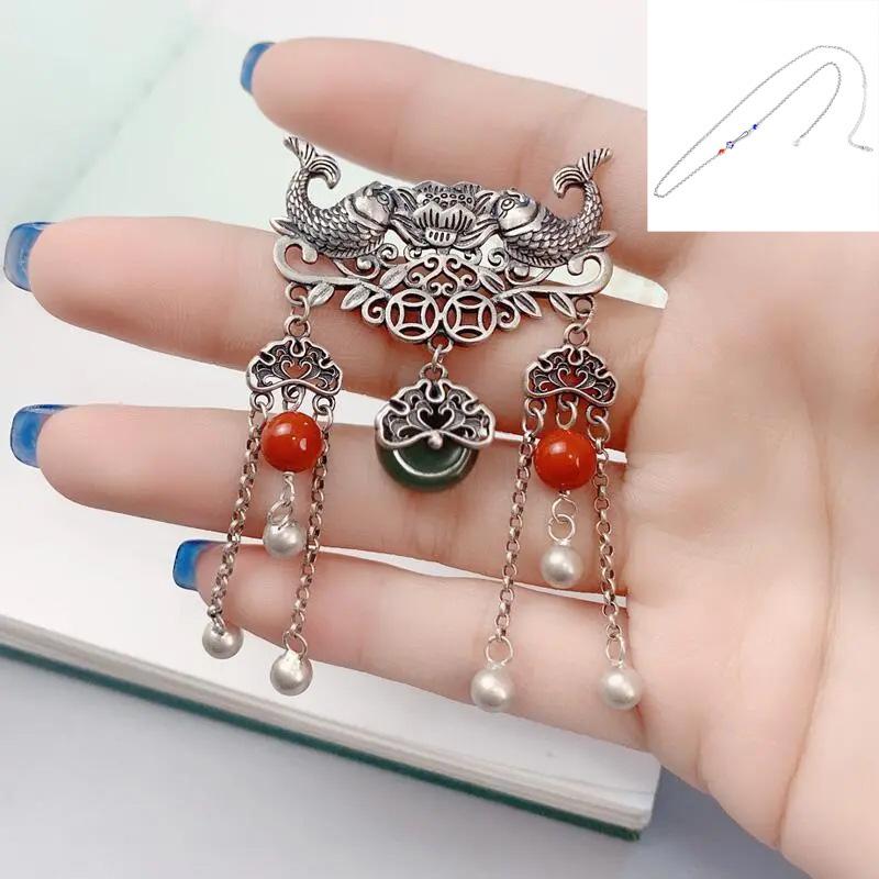Exaggerated Ethnic Style 925 Sterling Silver Fish Lotus Pendant Necklace for Women with Safety Buckle
