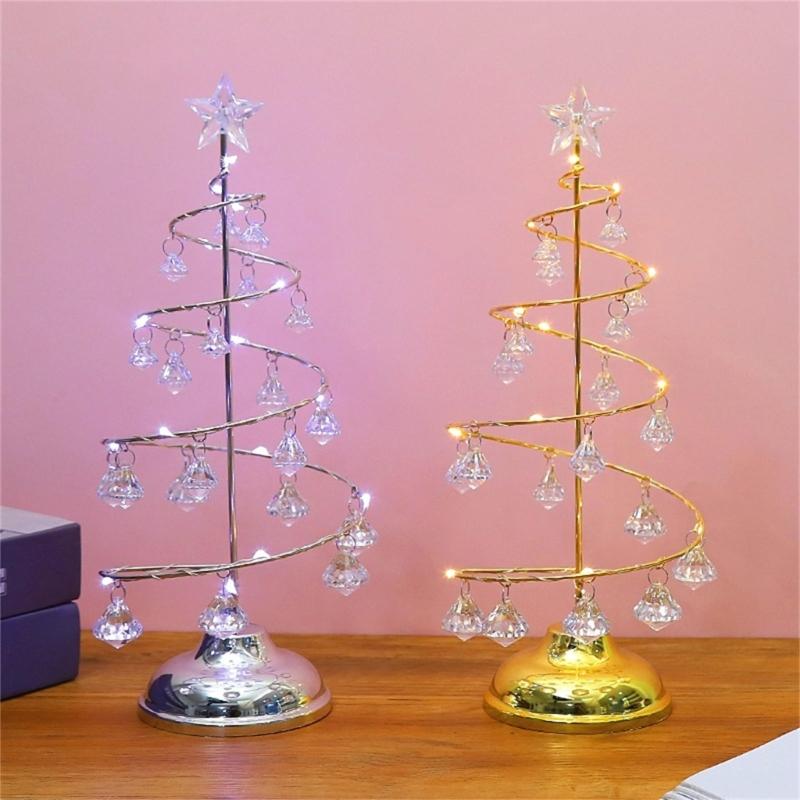 Crystal Star Iron Christmas Tree with LED Light Small XmasTree Table Lamp Christmas Decorations for Home Party New Year