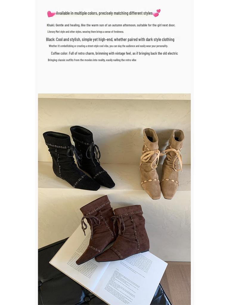 Damen Retro Western Plissee Stiefeletten mit eckiger Spitze und Innensohle, dünnes Riemendesign für Herbst und Winter.