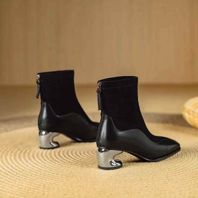 New 5.5cm Irregular Curved Heel Sheep Suede Short Boots  Autumn/Winter Fashion Short Plush  Warm Black Brown Ankle Boots Size 40