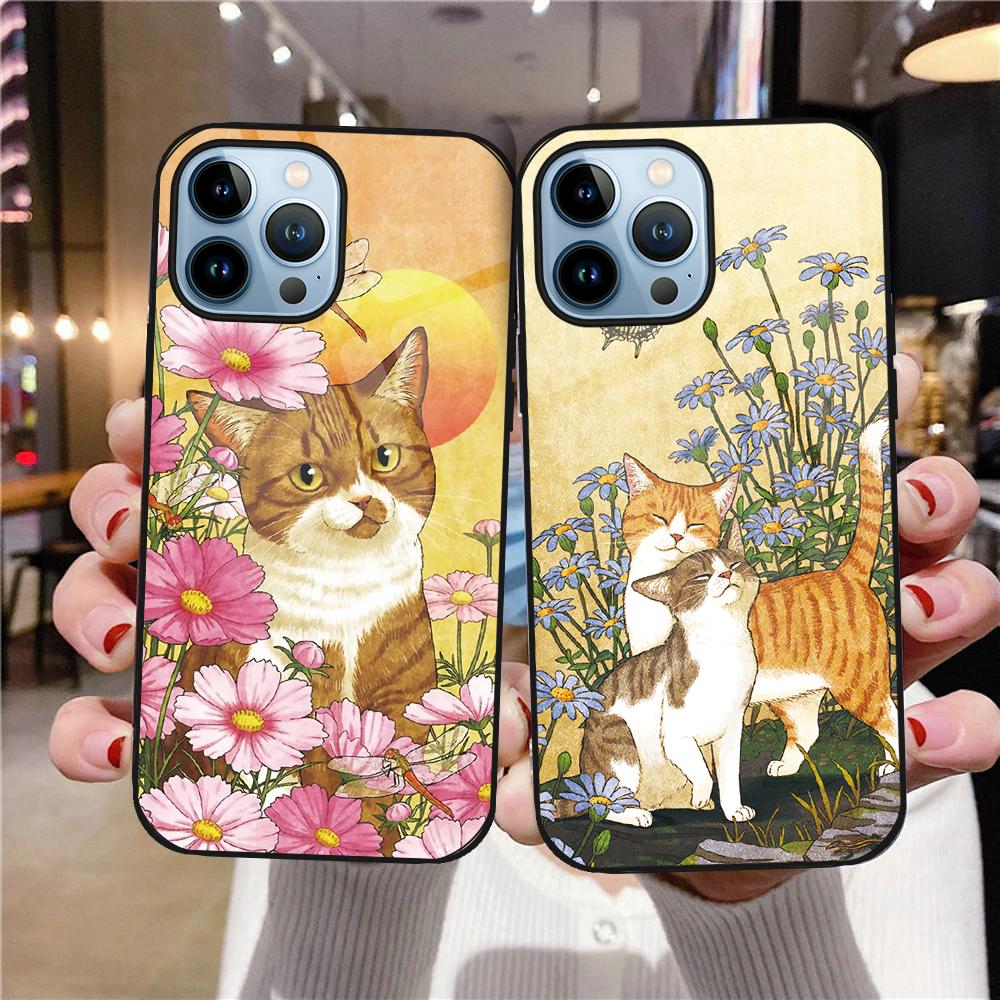 Cartoon Cute Cat Case for Iphone 14 13 11 12 Pro Max Mini Xs Xr X 7 8 6s Plus Se 2022 Tempered Glass Cover Animal Fundas