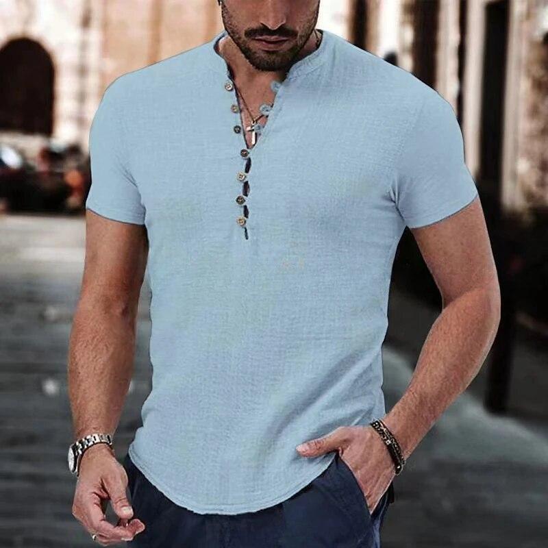 New Men's Short Sleeve Tshirt Button Cotton Linen Shirt Men's Casual Clothes Popular Tops for Men