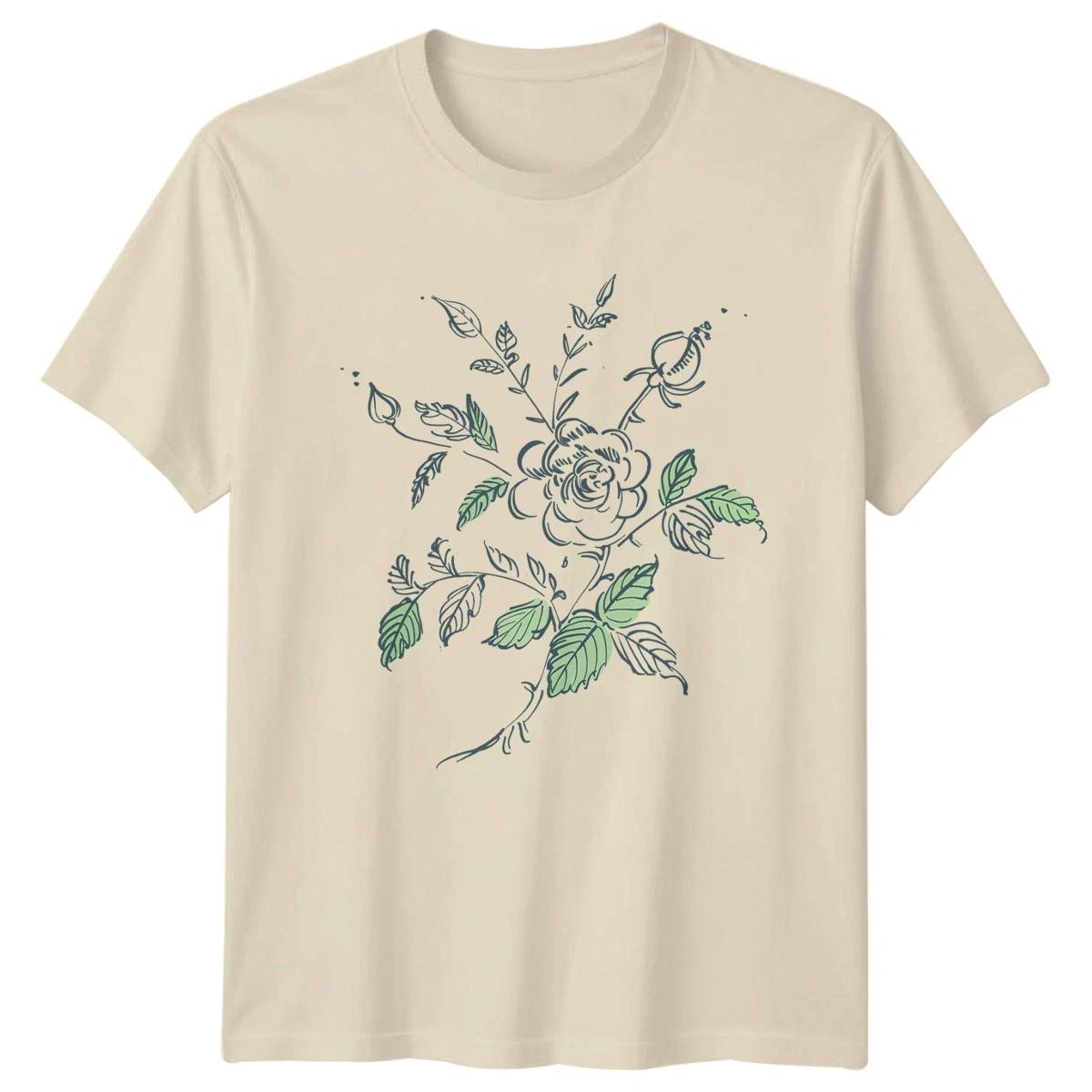Vintage Sketch Botanical Rose Flower Womens T-Shirt Line Art Floral XXXL