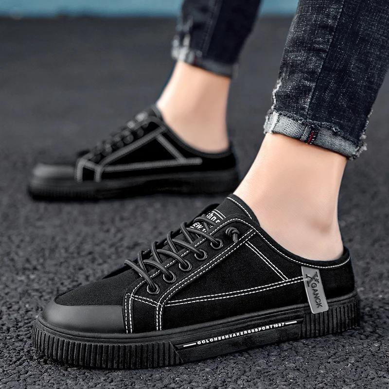 Summer Half Dragged Casual Shoes Canvas Breathable Flat Bottom Non Slip Walking Outdoor Street Casual Shoes Set Foot Lazy Shoes
