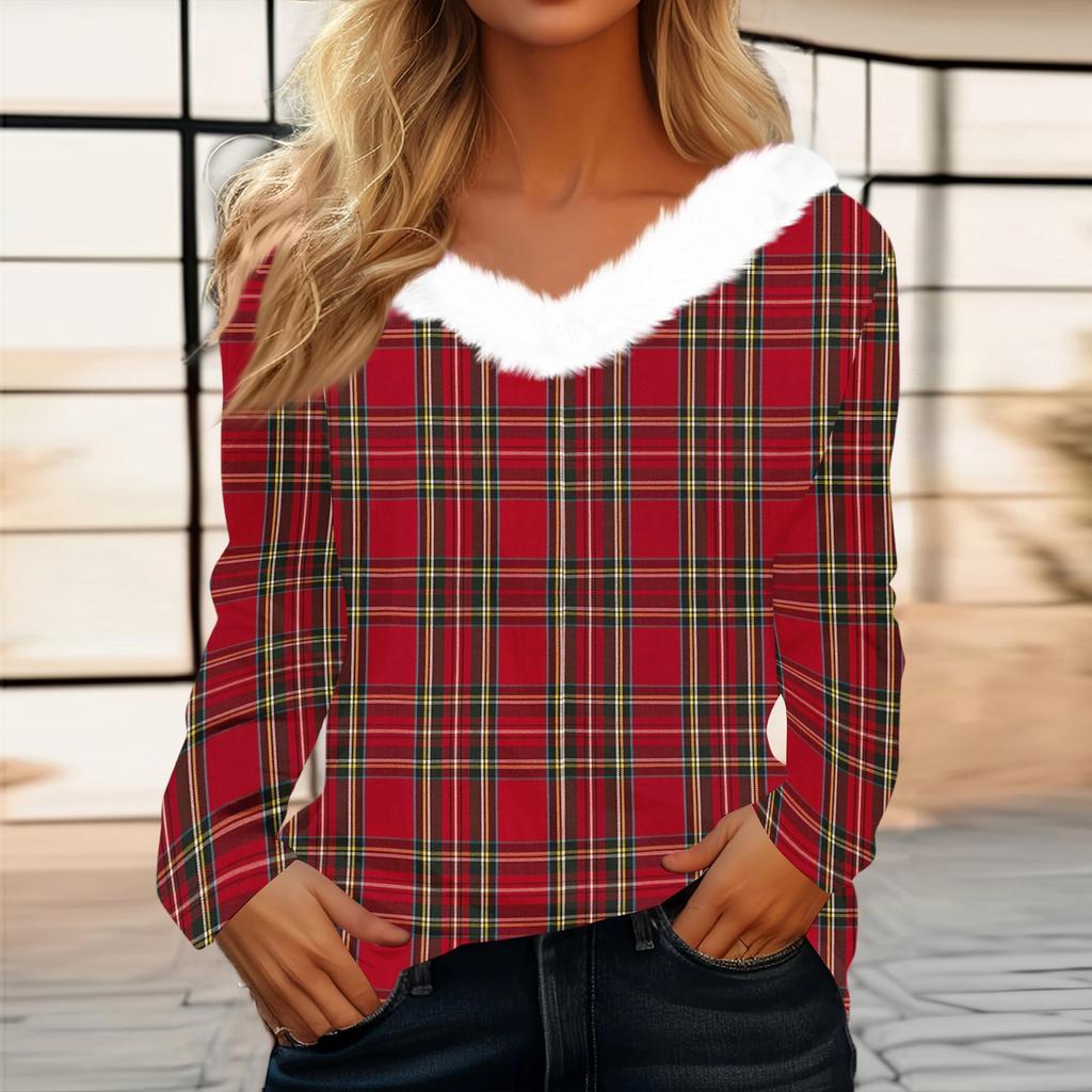 Women's Fashion Long Sleeve Plaid Print Fleece Collar V-Neck Top