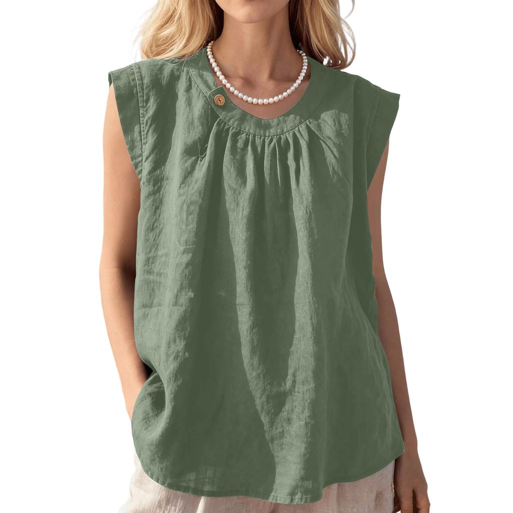 Sleeveless Loose Fit Linen Blouse for Women Casual Round Neck Solid Lightweight Summer Top Shirt