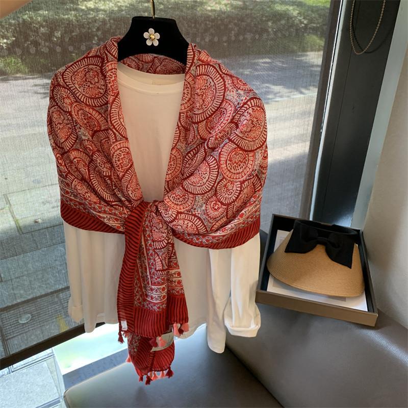 Silk Scarf Women's Summer Korean Version Versatile Thin Gauze Cotton and Linen Scarf Blue Feather Fringed Beach Towel Sun Protection Shawl