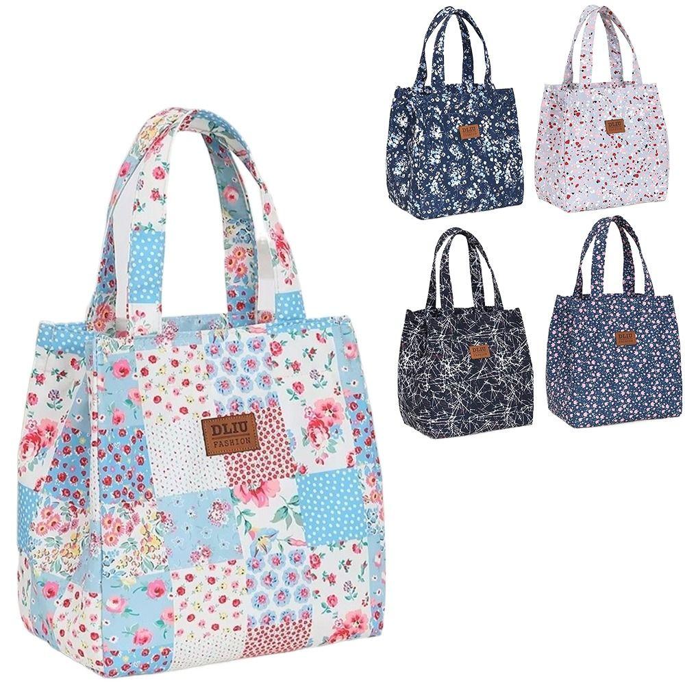 Portable Floral-printed Lunch Box Bag Large Capacity with Zipper Lunch Tote Bag Nylon Picnic Lunchbox Bag