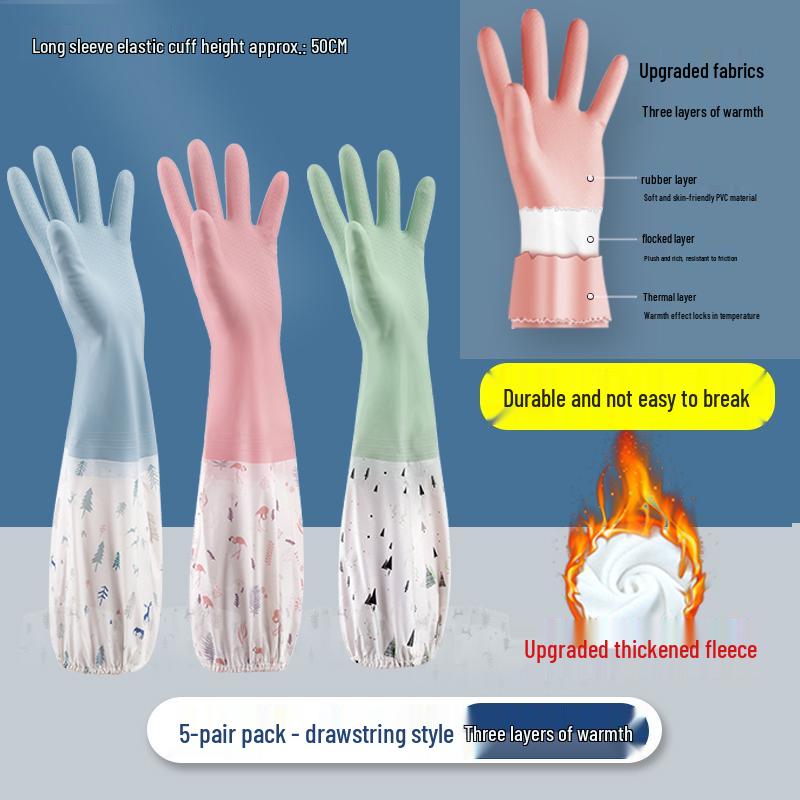 Damen-Robuste Wasserdichte Samtgefütterte Küchenhandschuhe für Hausarbeiten - Verdickt und Verlängert für Winterliches Geschirrspülen und Wäsche.
