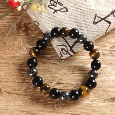 1PCS Fashion Natural Stone Healthy Weight Loss Bracelet Tiger Eye Triple Protection Hematite and Obsidian Bracelet for Men and Women Weight Loss