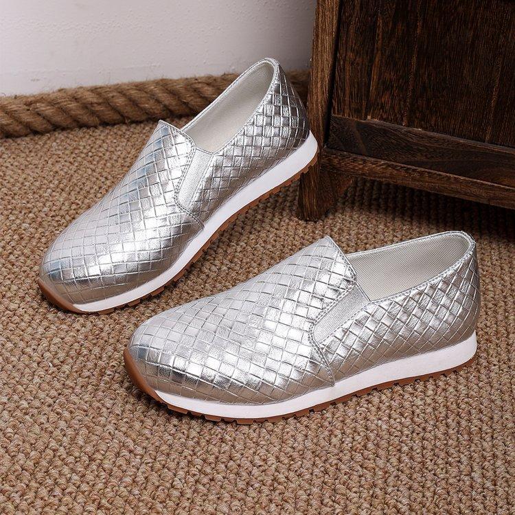 Fashion Comemore Spring Summer Flat Casual Shoes Sliver Gold Slip on Single Shoe Arge Size Soft Leather Round Head Elastic Women's Shoes
