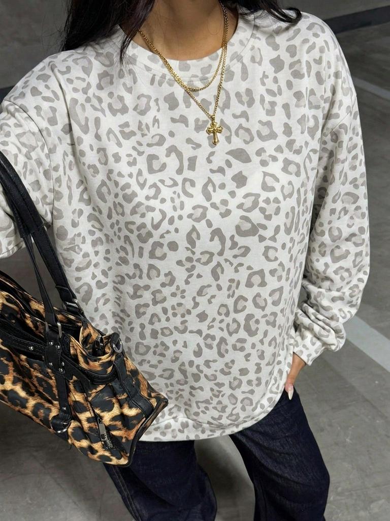 2026 Autumn and Winter New European and American Women's Clothing Leopard Print Crew Neck Printing Loose Sweatshirt Sweater