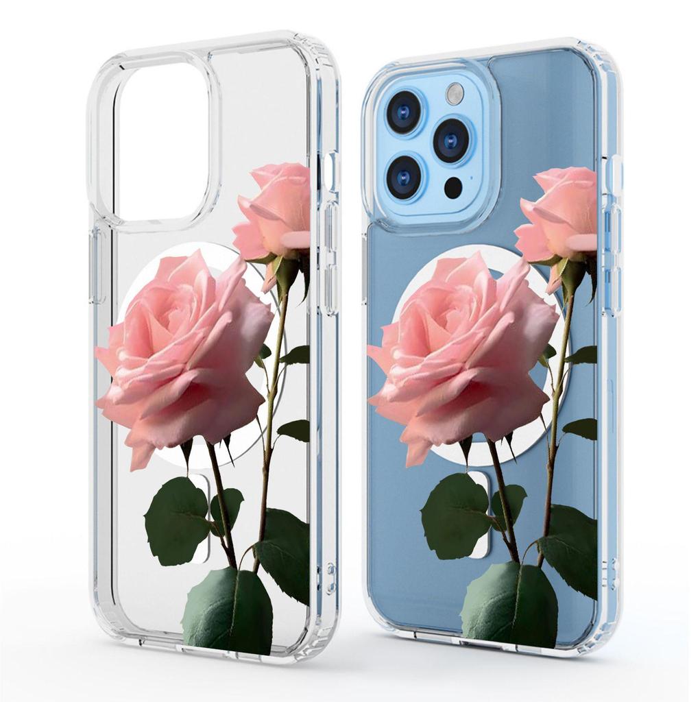 Pink Rose Magnetic Clear Case for iPhone 15/16/17 Pro Max - Full Protection
