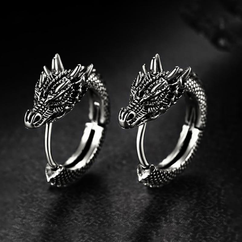 Huitan Personality Chinese Dragon Hoop Earrings for Women/Men Antique Metal Color Hip Hop Cool Guys Loong Earrings Jewelry