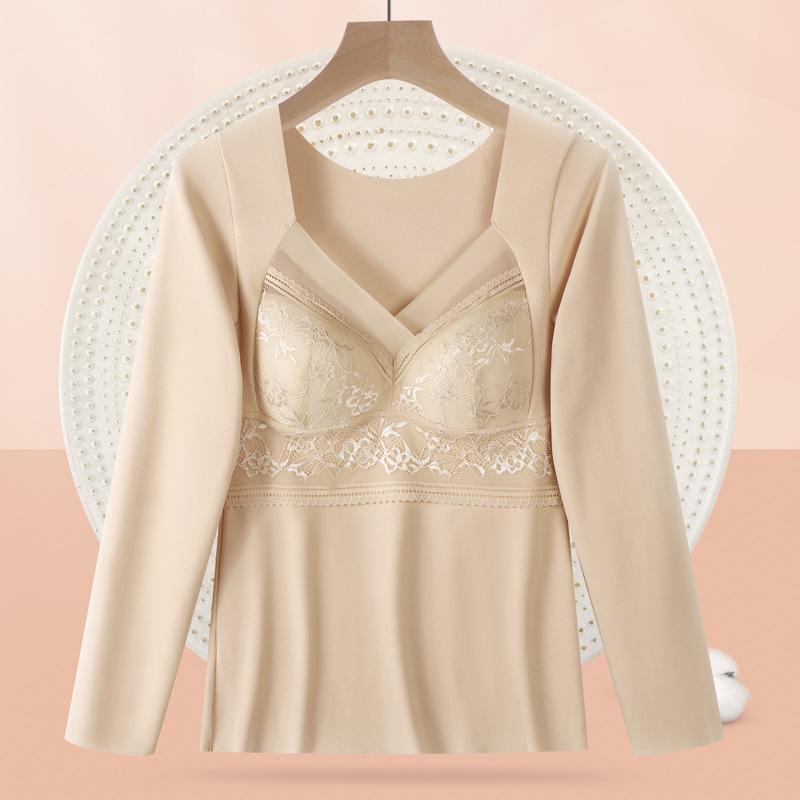 Women's Velvet Lace Seamless Long-Sleeve Top with Built-In Chest Pad