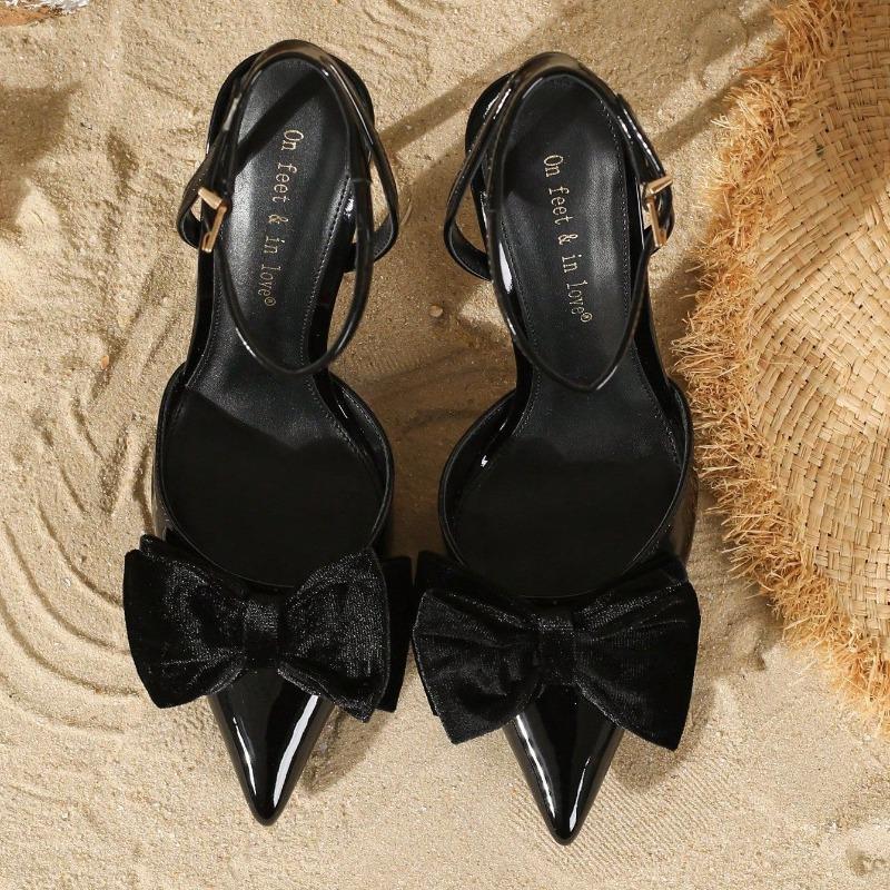 Fashion Sexy Pointed Toe Bow Brand High Heels Women Fashion Ankle Buckle Black Designer Shoe Elegant Shallow Thin Heel Dinner Dress Shoe