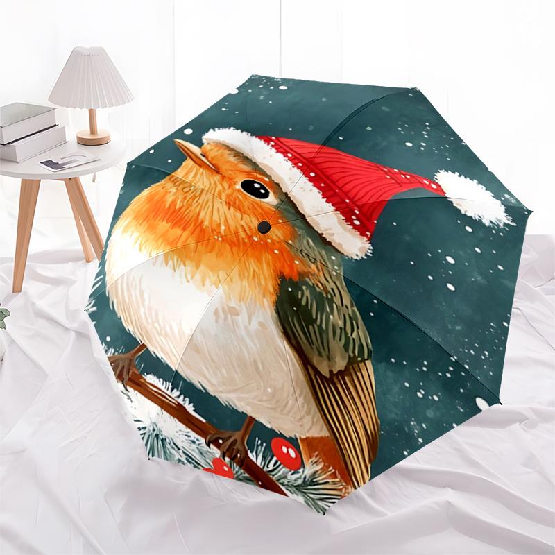 Christmas Robin with Santa Hat - Automatic Opening Umbrella, Portable 3-Fold Design, 8-Bone Iron Frame Outdoor Umbrella, Festive Gift for Fa