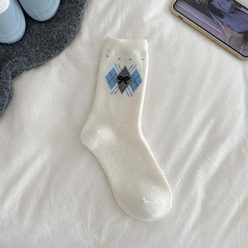 Rhombus Plaid Bow Wool Socks Children'S Wind Thickened Warm Retro Stacking Socks