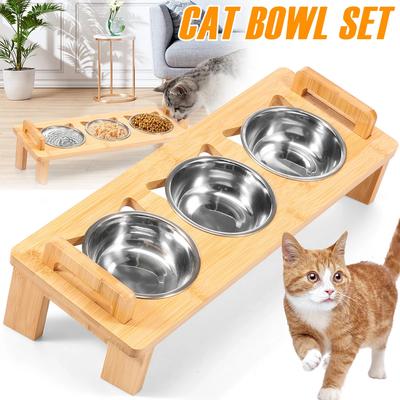 Tilted Cat Bowl Set Bamboo Double Handles Elevated Cat Bowls with 3 Stainless Steel Bowl Healthy Pet Water Dispenser for Cat Dog