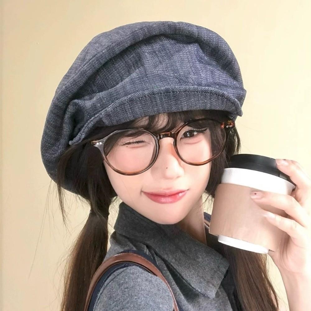 Japanese Octagonal Cap Cloth Pleated Painter Hat Fashion Denim Beret  Women