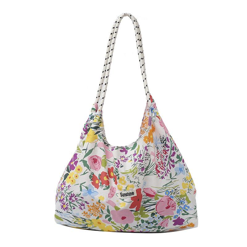 Floral Canvas Tote Bag Large Capacity Casual Shopper For Daily Use