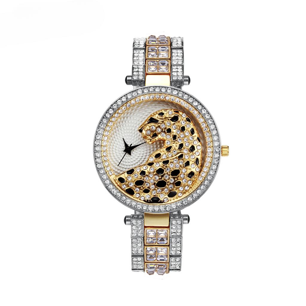 Quartz Watch Alloy Round Waterproof European Style Fashion Leopard Full Diamond Watch for Women