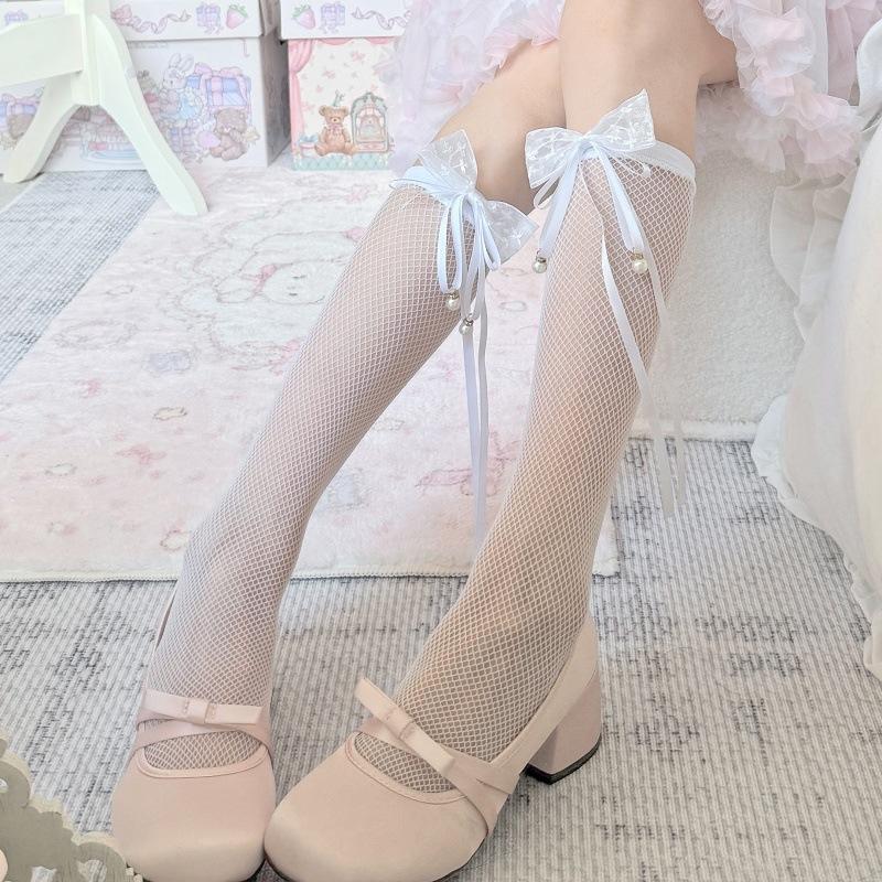 Retro Pearl Bow Japanese Jk With Small Leather Shoes Women Loli Fishing Net Calf Socks Small Knee Socks