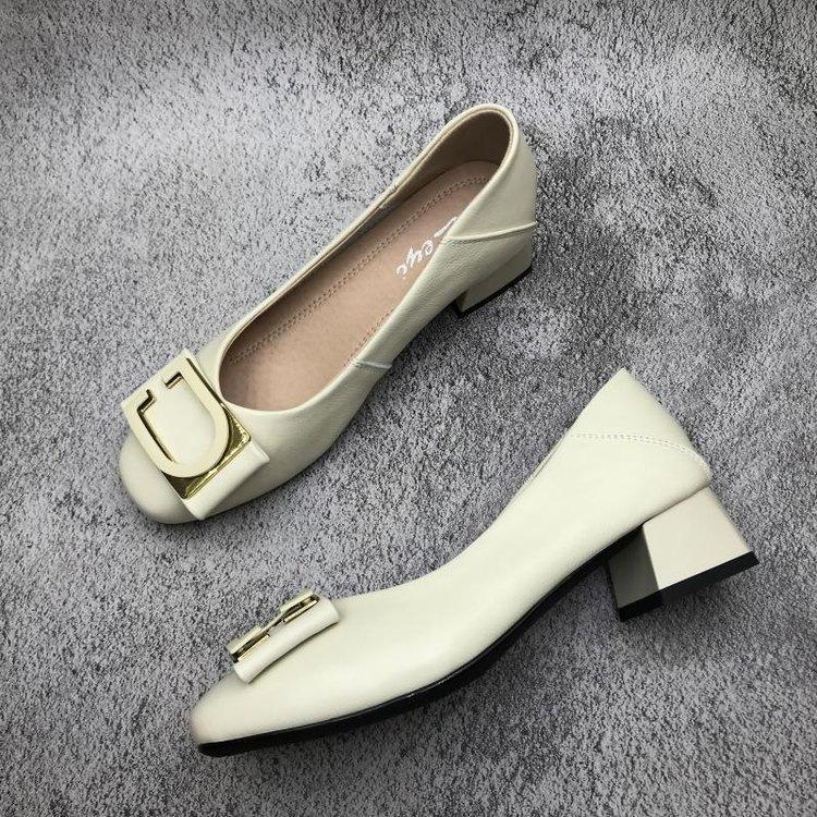 French Square Head Thick Heel Single Shoes Autumn New Mid-heel Professional High Heels Rubber Sole Soft Leather Single Shoes
