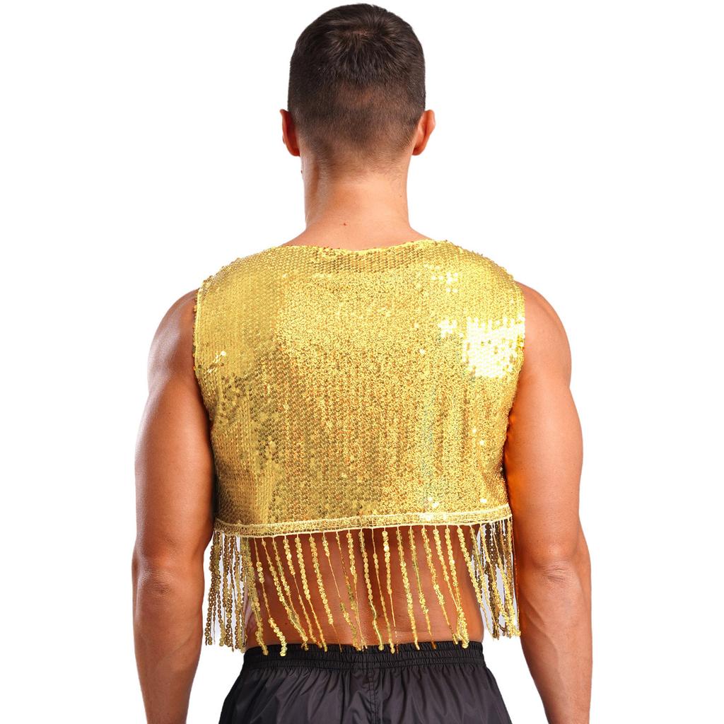 Mens Shiny Sequin Cowboy Vest Tops Open Front Sleeveless Tassels Cardigan