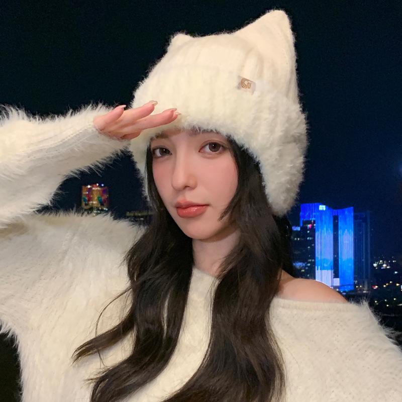 Cute cat ears knitted wool hat women's autumn and winter super cute headgear outdoor windproof ear hat
