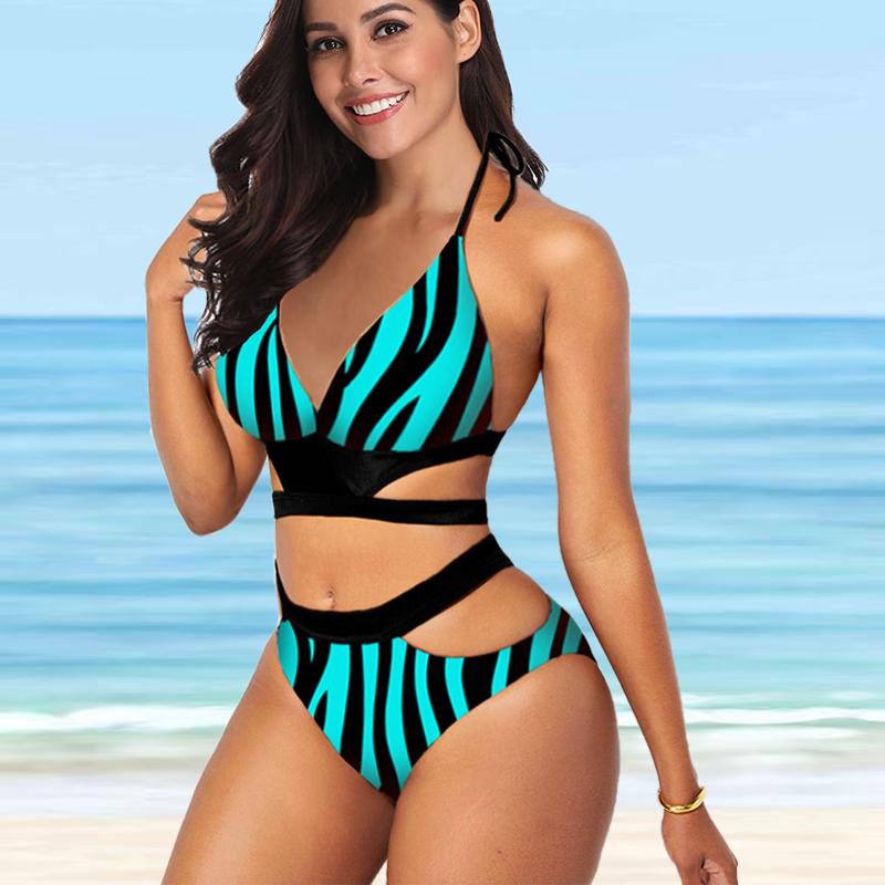 Women's Shoulder Strap Swimsuit Leopard Print Bikini Tankini Swimsuit