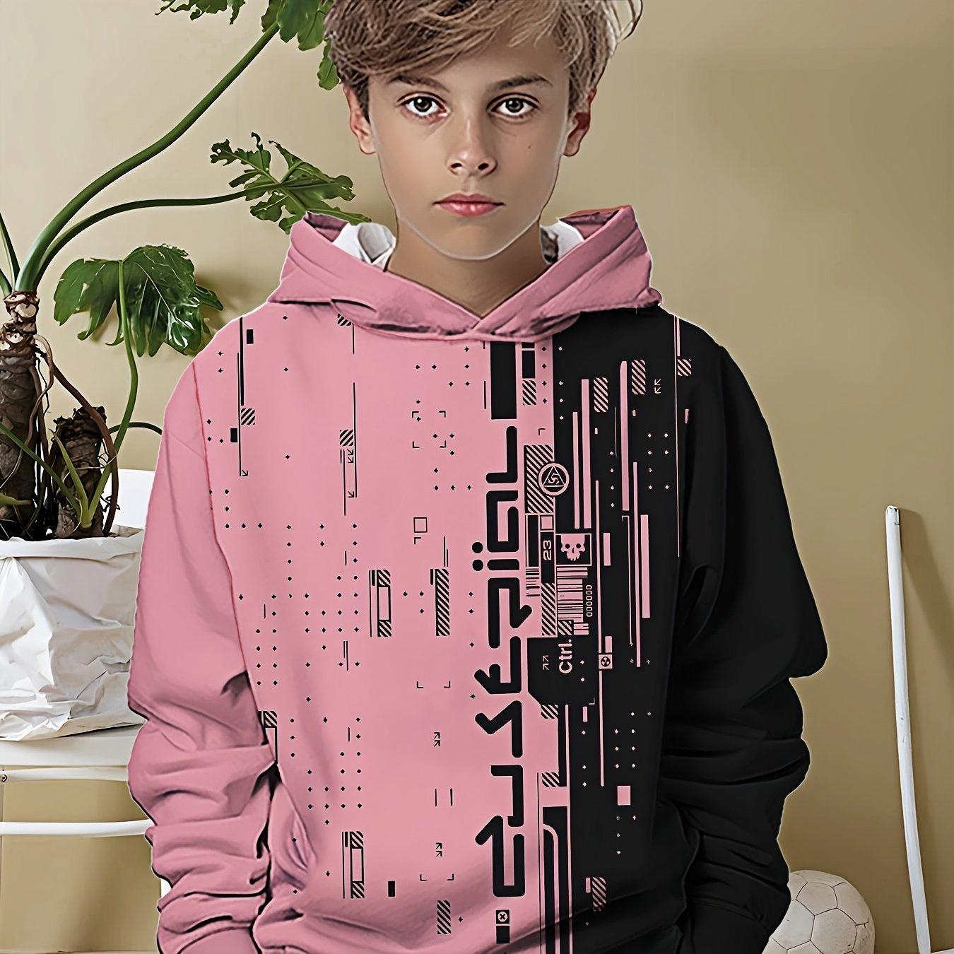 

Простое черное и розовое лоскутное худи с принтом линий для мужчин, повседневная толстовка 13-14Y