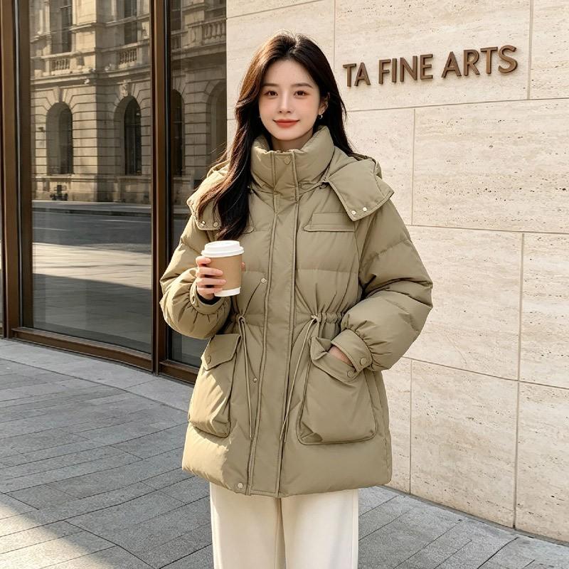 Womens Winter Duck Down Coat Mid-Length Thick Warm Loose Fit Hooded Parka Office Commute Black White Beige Pink Khaki