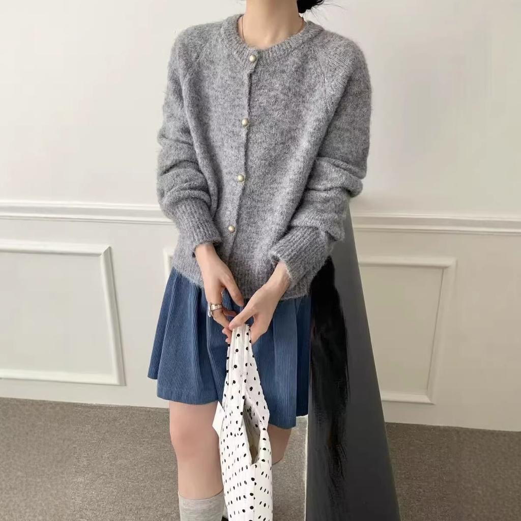 Long-haired Hairy Round Neck Cardigan Women's Early Spring New Korean Single-breasted Shoulder-plugged Long-sleeved Knitted Outer Women