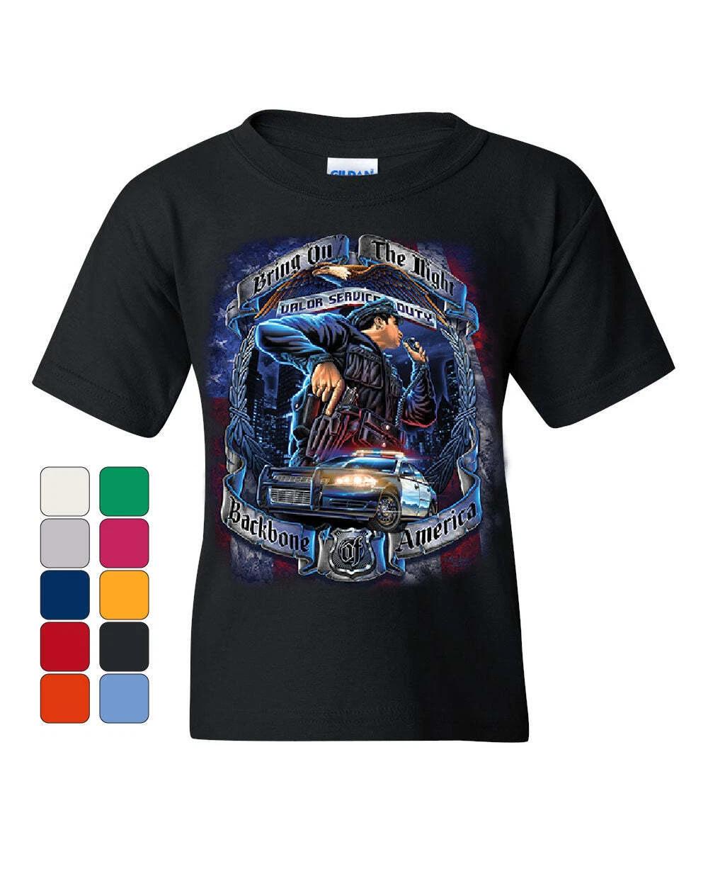 Police Backbone of America Youth kids boys T-Shirt Valor Service Duty Cop Patrol Kids Tee 110