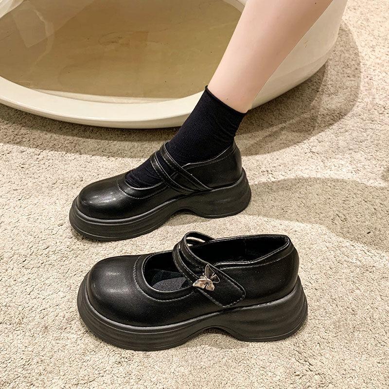 Lightweight platform sole Mary Jane shoes women's shoes 2025 new one-line butterfly buckle single shoes black non-slip muffin small leather shoes